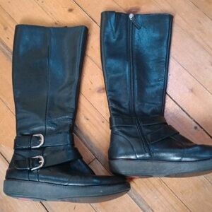Fitflop Black Leather Knee-High Buckle Platform Boots